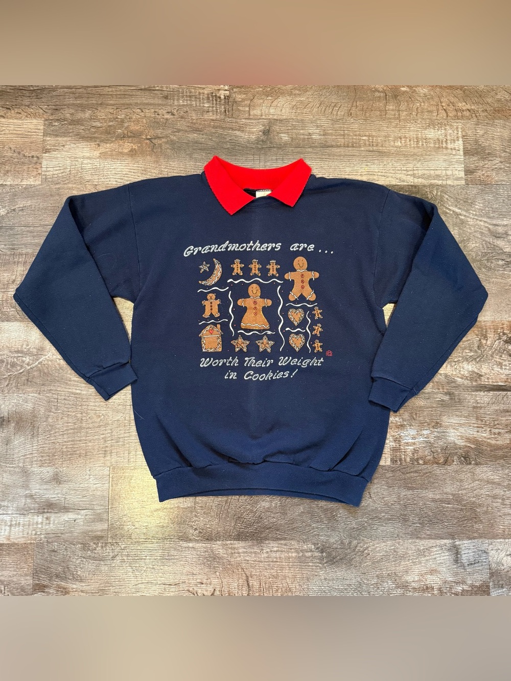 Cotton Grove Vintage Navy Christmas Crewneck Attached Collar Grandmas Cookies L